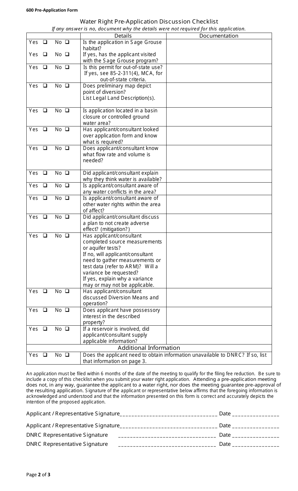Pre-application Meeting Form - Beneficial Water Use Permit - Montana, Page 2