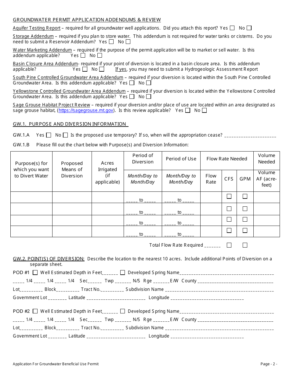 Form 600 GW Groundwater Application for Beneficial Water Use Permit - Montana, Page 2