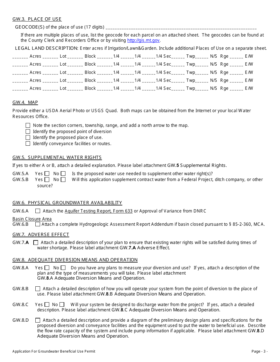 Form 600 GW Groundwater Application for Beneficial Water Use Permit - Montana, Page 3