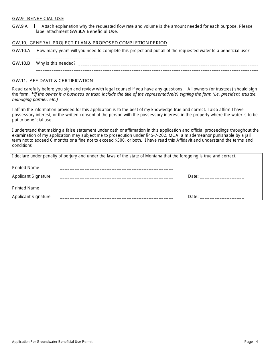Form 600 GW Groundwater Application for Beneficial Water Use Permit - Montana, Page 4