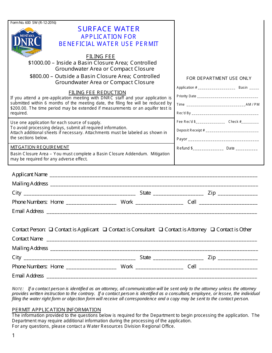 Form 600 SW Surface Water Application for Beneficial Water Use Permit - Montana, Page 1