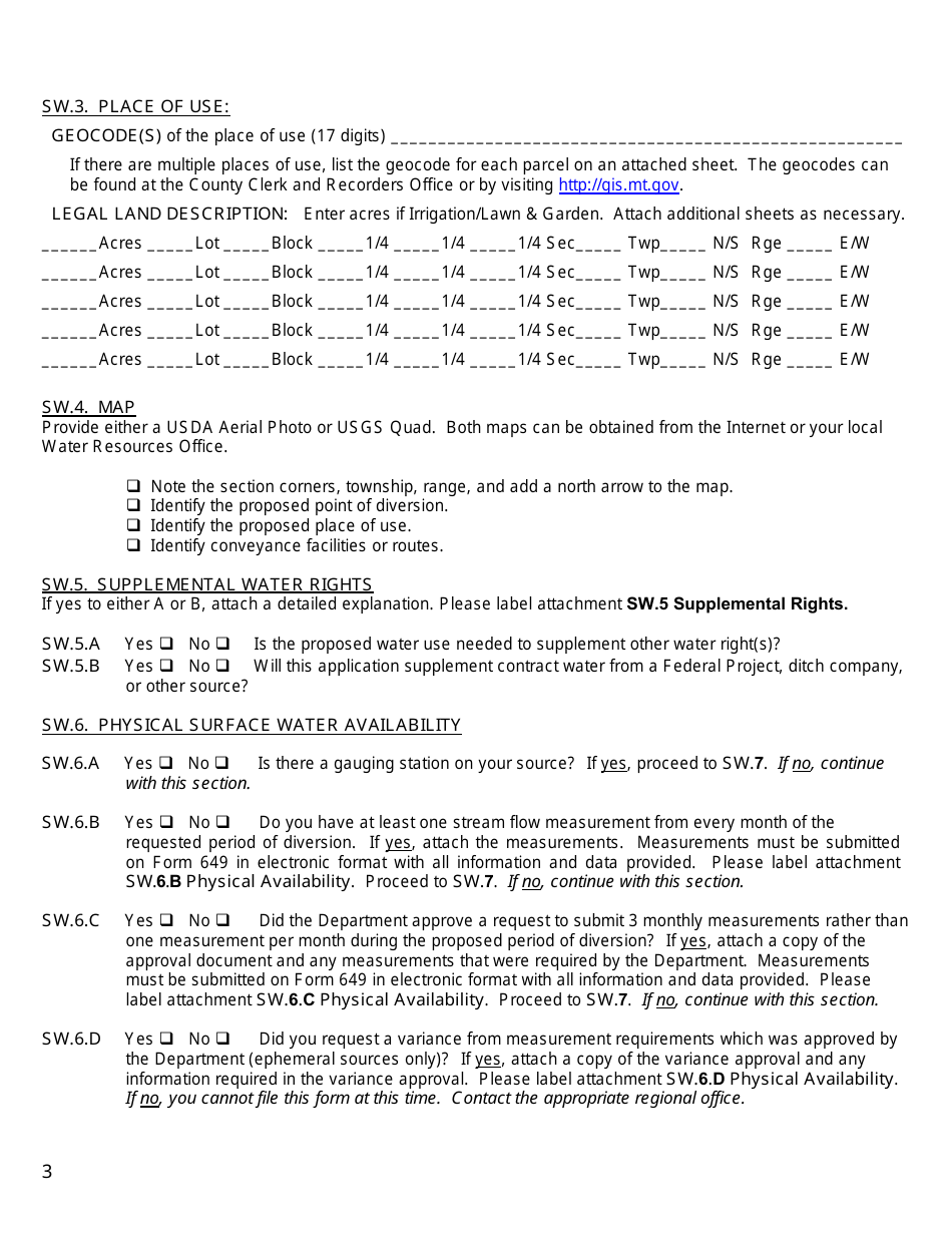 Form 600 SW Surface Water Application for Beneficial Water Use Permit - Montana, Page 3