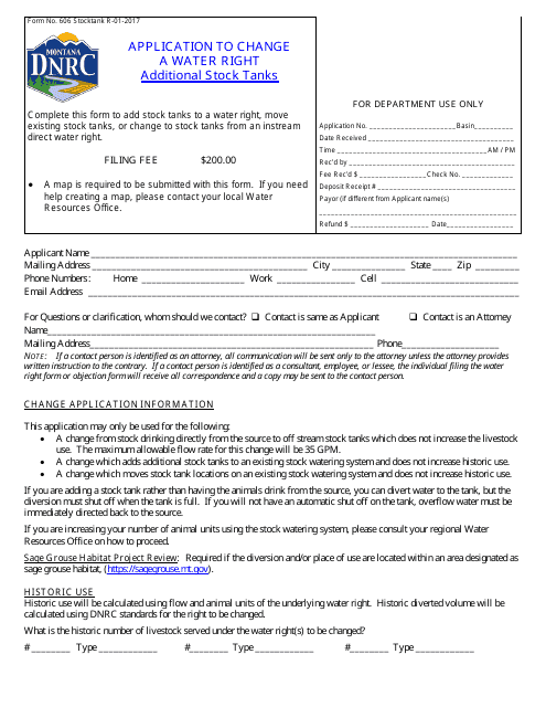 Form 606 STOCKTANK Application to Change a Water Right - Additional Stock Tanks - Montana