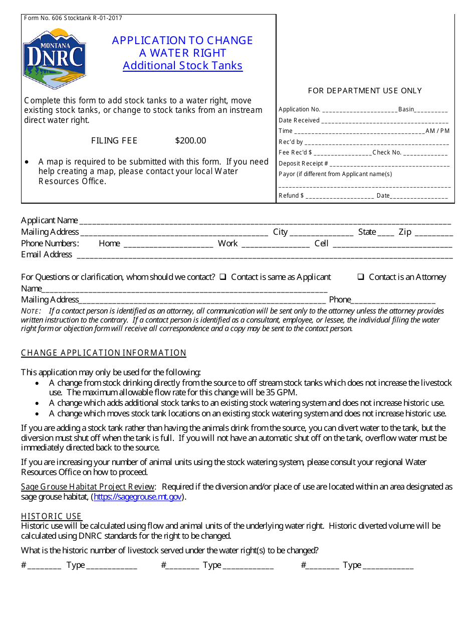 Form 606 STOCKTANK Application to Change a Water Right - Additional Stock Tanks - Montana, Page 1