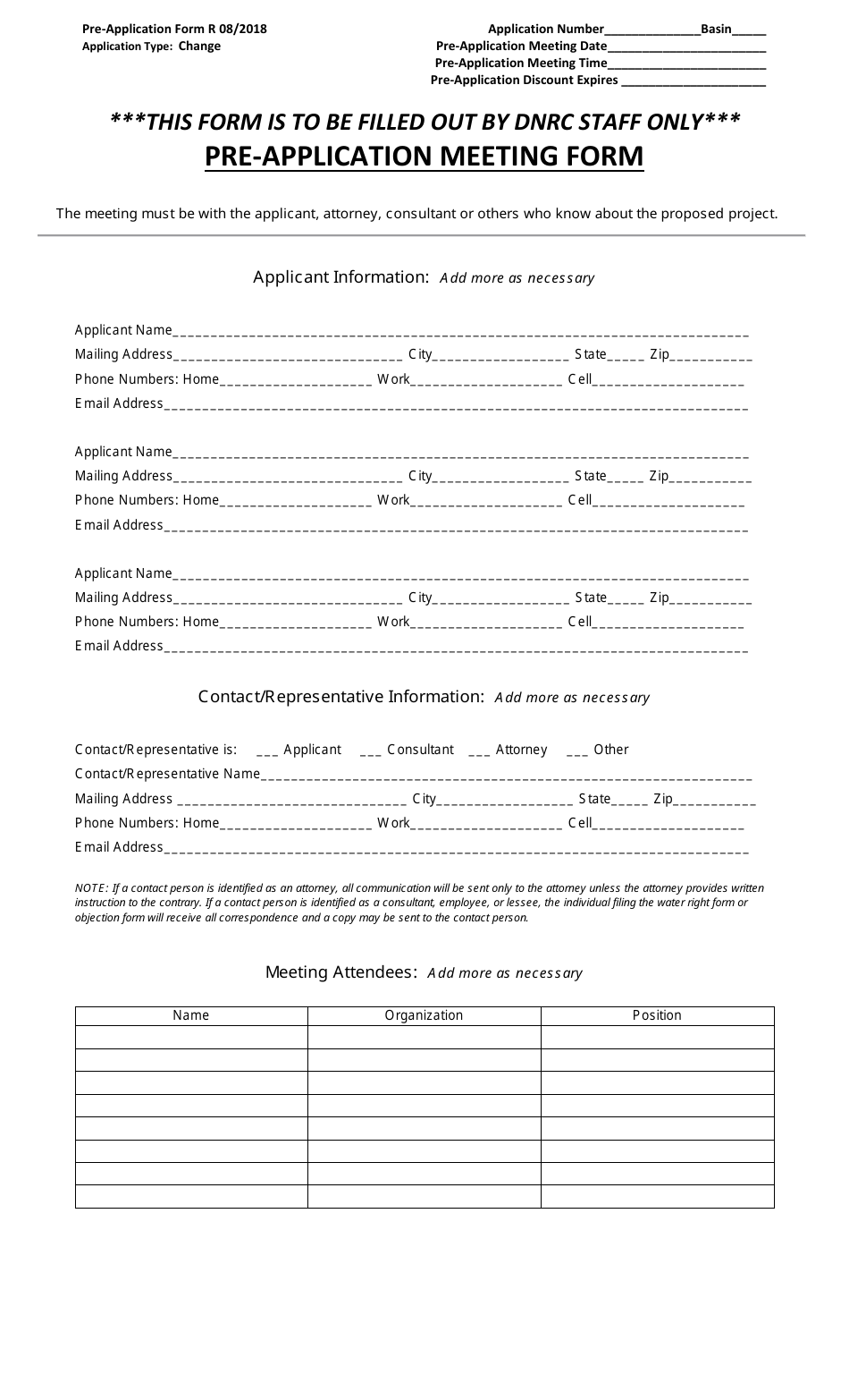 Pre-application Meeting Form - Change of Appropriation - Montana, Page 1