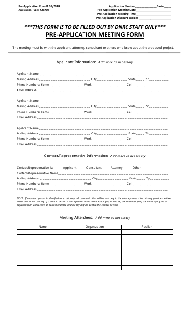 Pre-application Meeting Form - Change of Appropriation - Montana Download Pdf