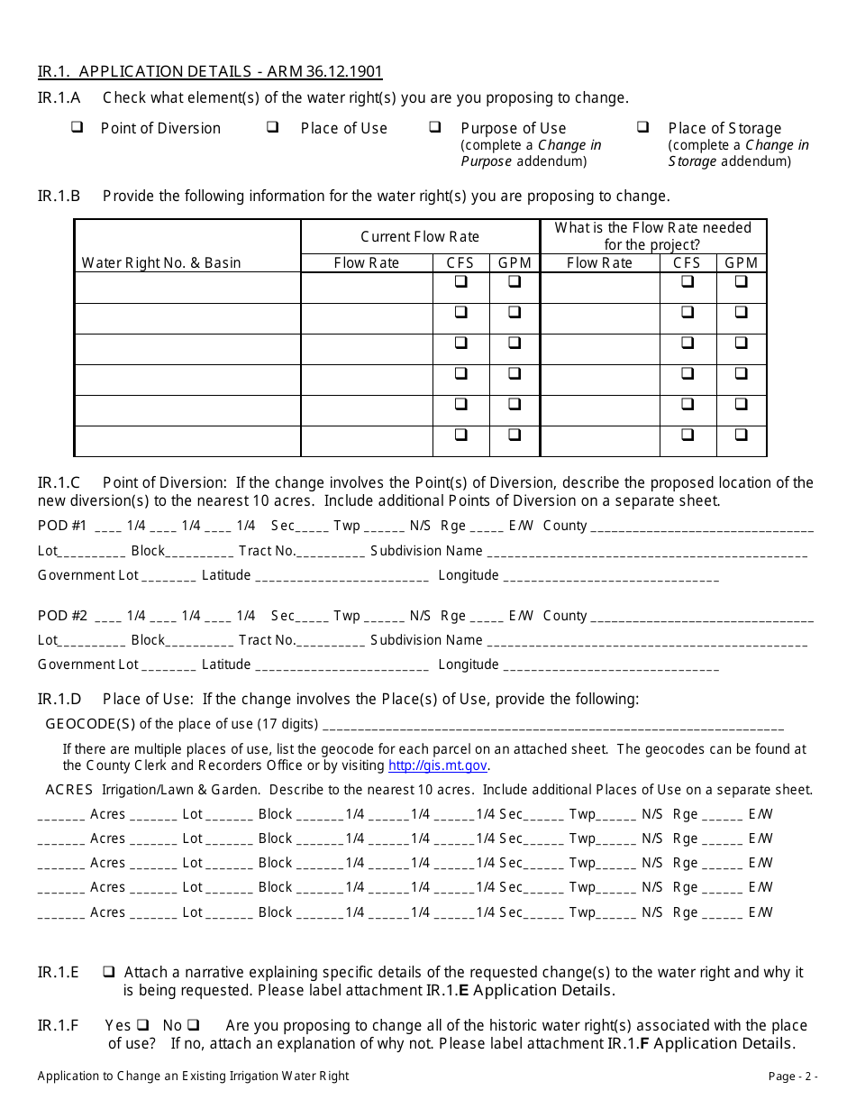 Form 606 IR Application to Change an Existing Irrigation Water Right - Montana, Page 2