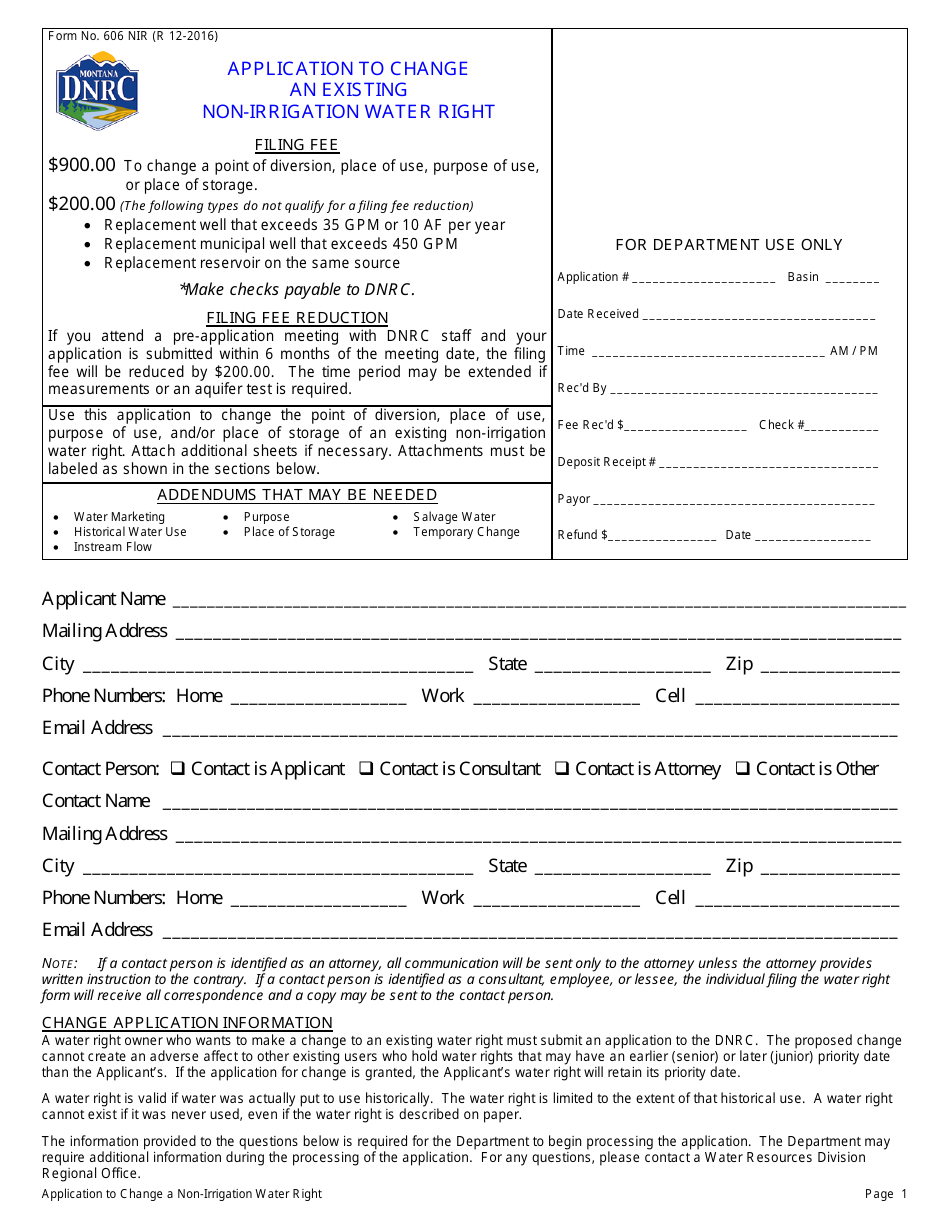 Form 606 NIR Application to Change an Existing Non-irrigation Water Right - Montana, Page 1