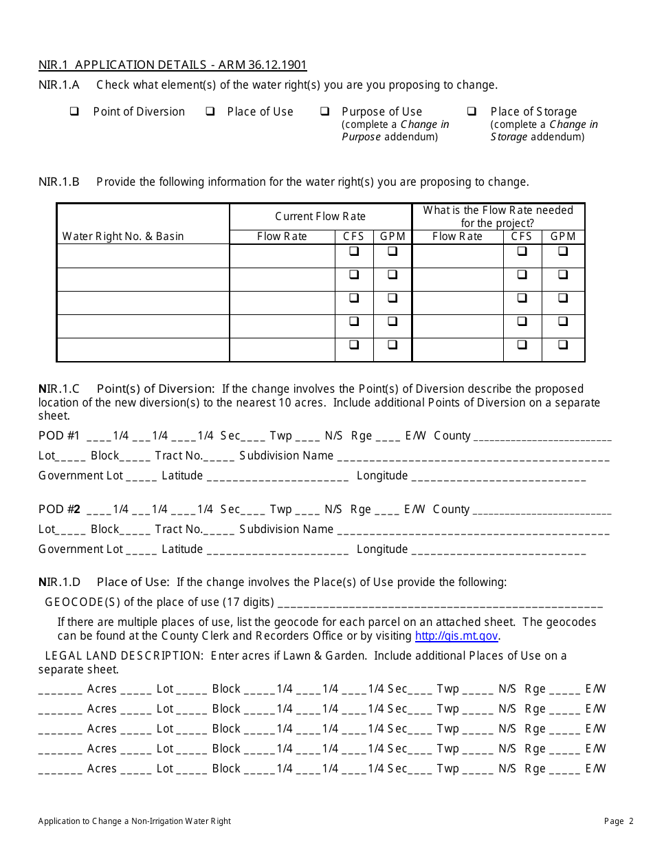 Form 606 NIR Application to Change an Existing Non-irrigation Water Right - Montana, Page 2