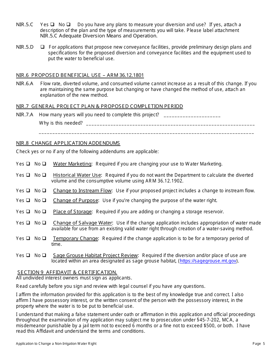 Form 606 NIR Application to Change an Existing Non-irrigation Water Right - Montana, Page 5