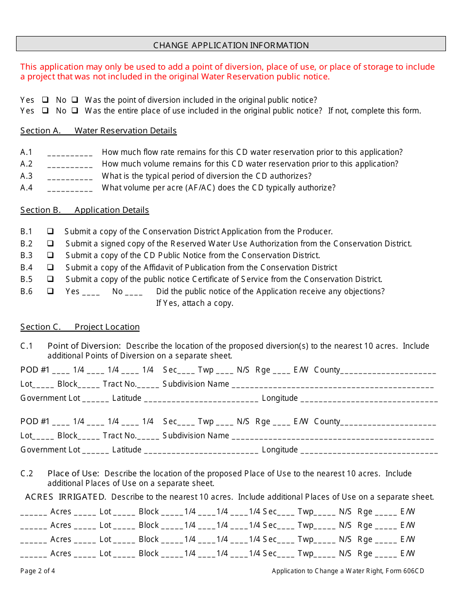 Form 606CD Conservation District Application to Change Water Reservation - Montana, Page 2