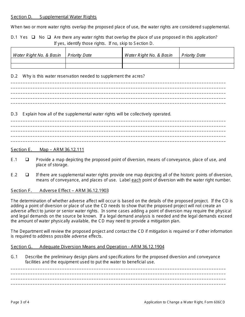 Form 606CD Conservation District Application to Change Water Reservation - Montana, Page 3