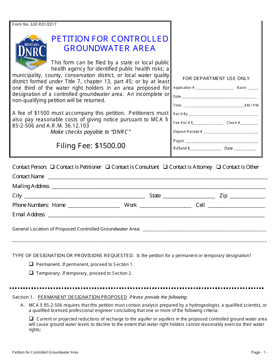 Form 630 Petition for Controlled Groundwater Area - Montana, Page 1