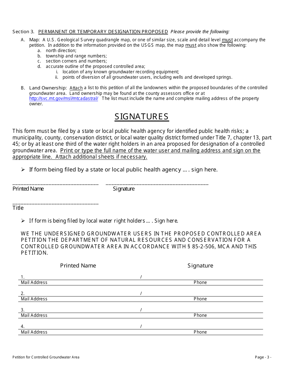 Form 630 Petition for Controlled Groundwater Area - Montana, Page 3