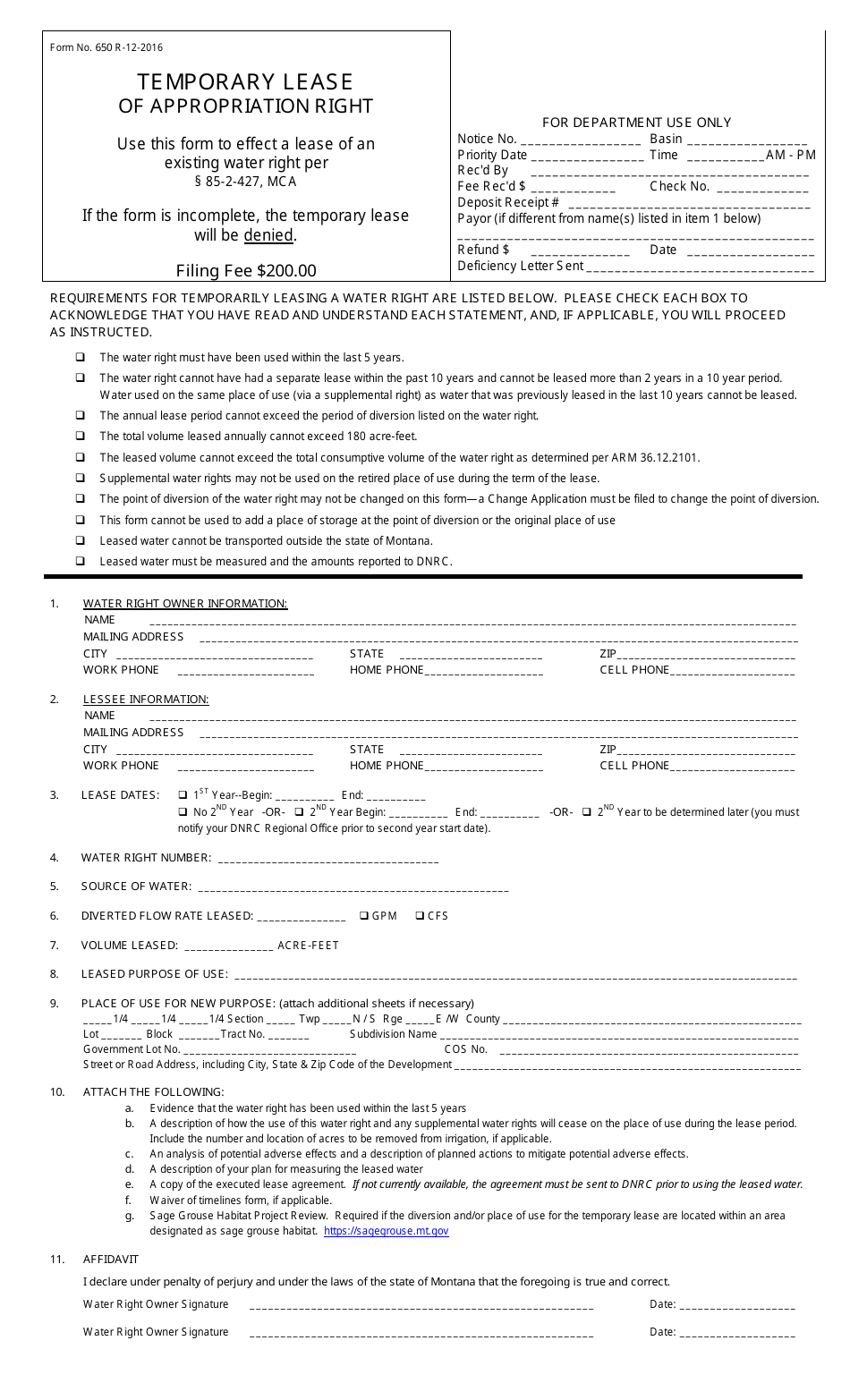 Form 650 Temporary Lease of Appropriation Right - Montana, Page 1