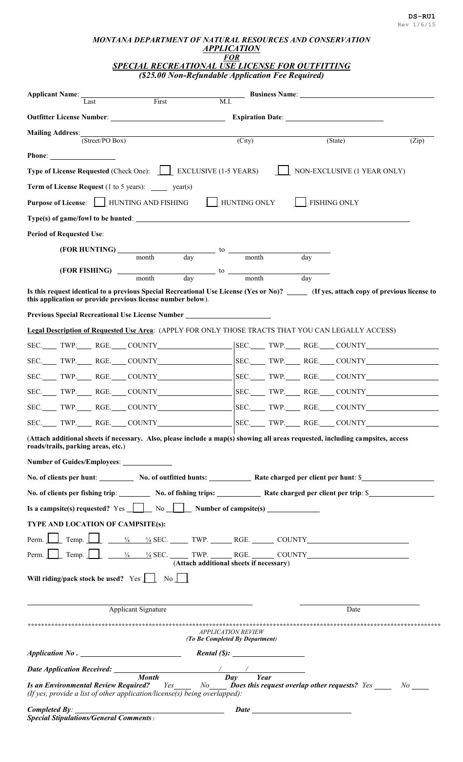 Form DS-RU1 Application for Special Recreational Use License for Outfitting - Montana, Page 1