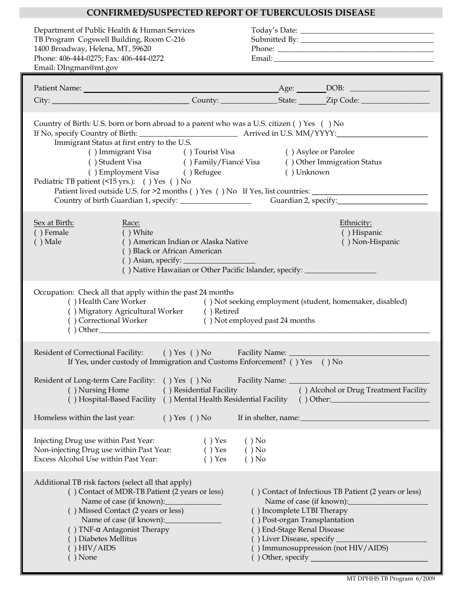 Montana Confirmed/Suspected Report of Tuberculosis Disease - Fill Out ...