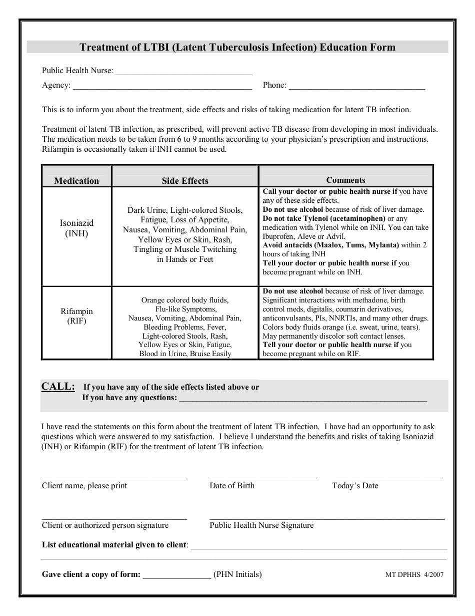 Treatment of Ltbi (Latent Tuberculosis Infection) Education Form - Montana, Page 1