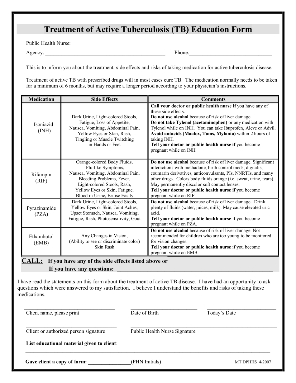 Treatment of Active Tuberculosis (Tb) Education Form - Montana, Page 1