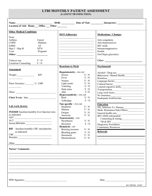 Monthly Ltbi Patient Assessment Form - Montana