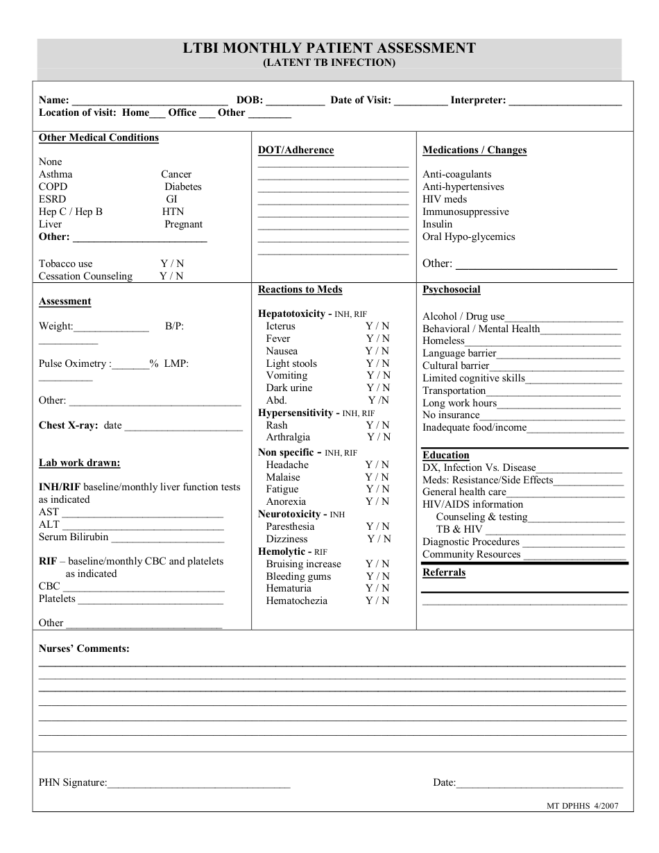 Montana Monthly Ltbi Patient Assessment Form Download Printable Pdf