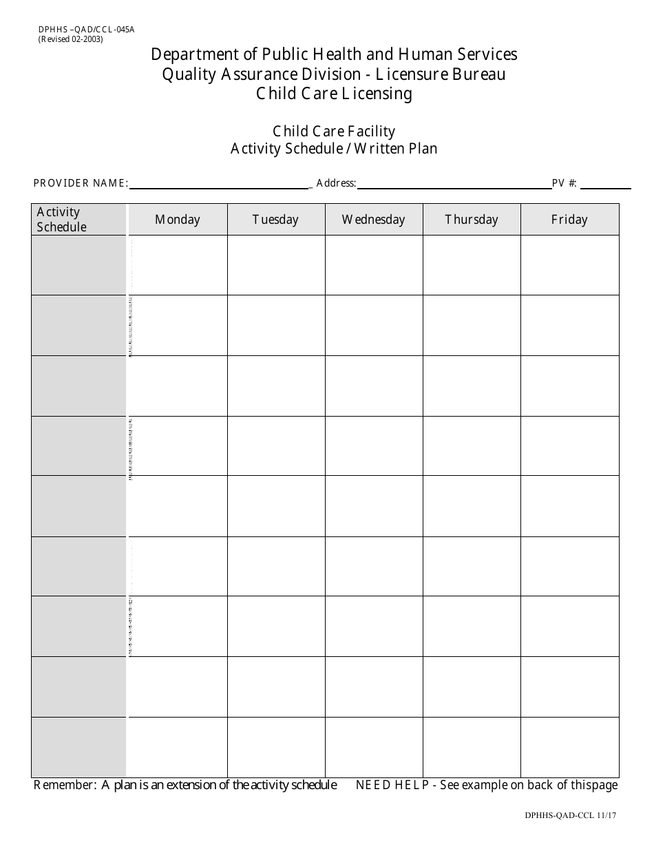 Form DPHHS-QAD / CCL-045A Activity Schedule / Written Plan - Child Care Facility - Montana, Page 1