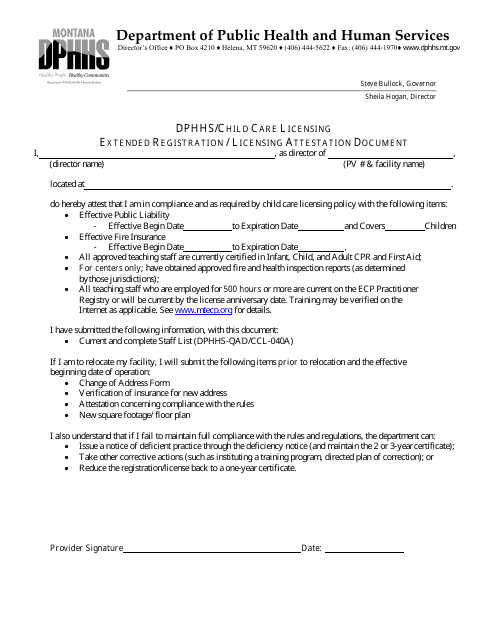 Extended Registration / Licensing Attestation Document - Montana