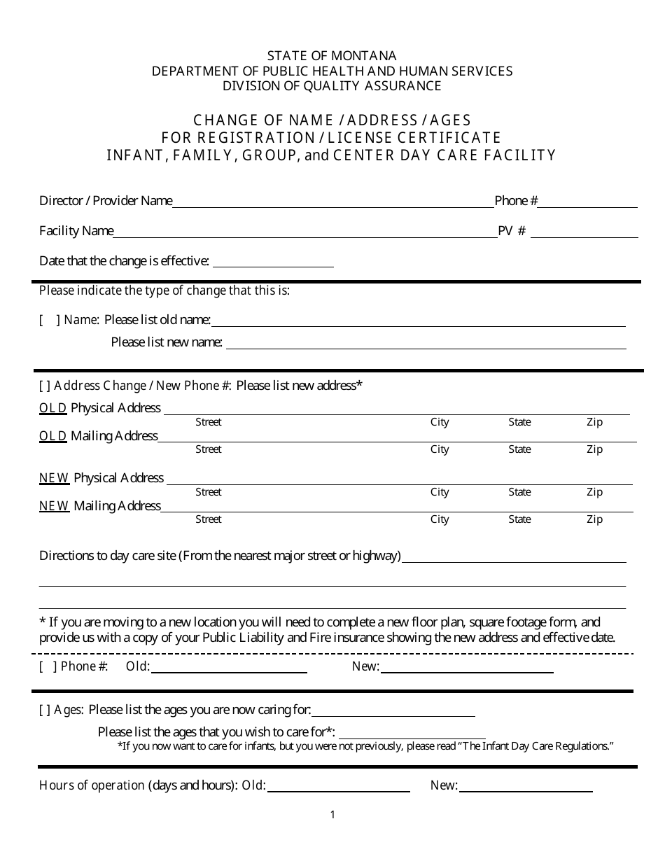 Form DPHHS-QAD-CCL Change of Name / Address / Ages for Registration / License Certificate Infant, Family, Group, and Center Day Care Facility - Montana, Page 1