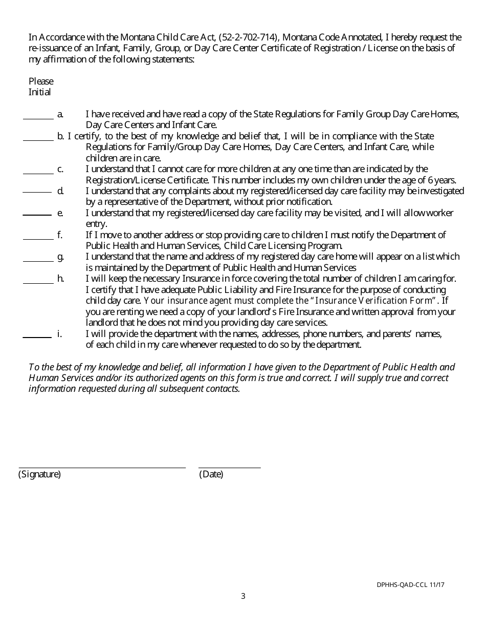 Form DPHHS-QAD-CCL Change of Name / Address / Ages for Registration / License Certificate Infant, Family, Group, and Center Day Care Facility - Montana, Page 3