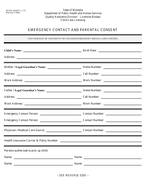 Form DPHHS-QAD/CCL-113 Emergency Contact and Parental Consent - Montana