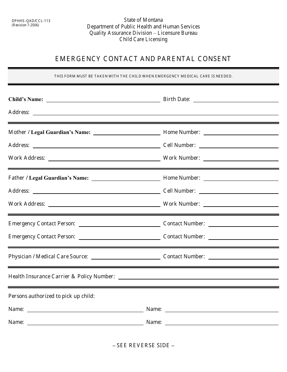 Form DPHHS-QAD / CCL-113 Emergency Contact and Parental Consent - Montana, Page 1