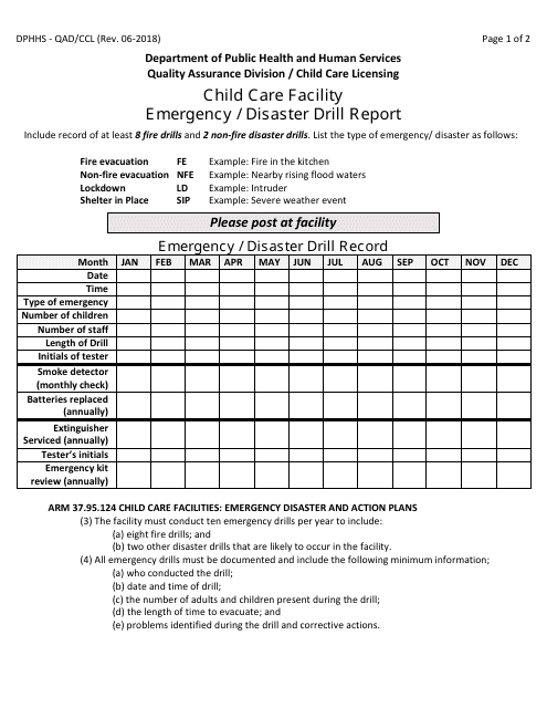 Form DPHHS-QAD/CCL Emergency / Disaster Drill Report - Child Care Facility - Montana