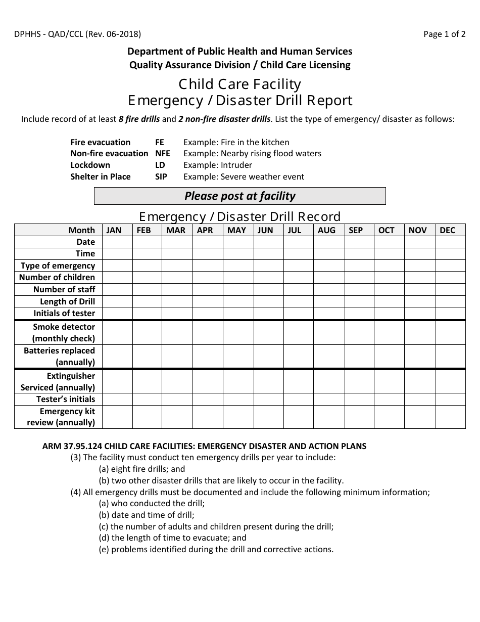 Form DPHHS-QAD / CCL Emergency / Disaster Drill Report - Child Care Facility - Montana, Page 1