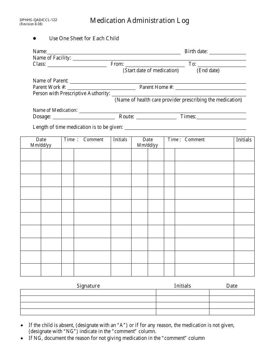 Form DPHHS-QAD / CCL-122 Medication Administration Log - Montana, Page 1