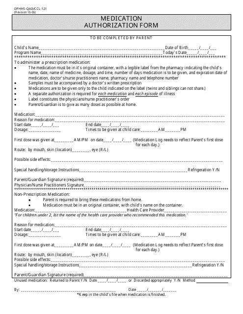 Form DPHHS-QAD/CCL-121 Medication Authorization Form - Montana