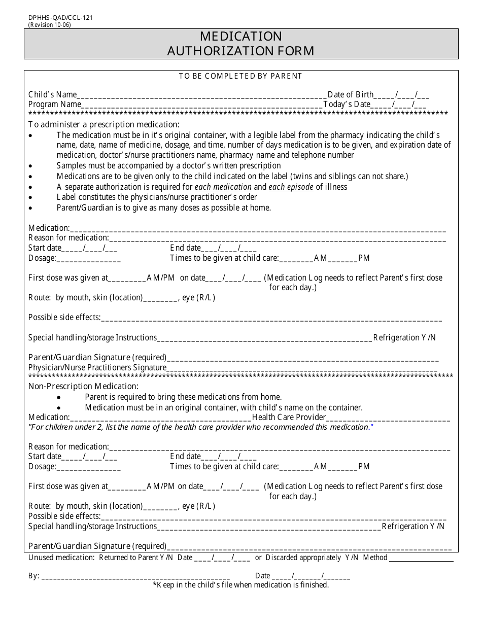 Form DPHHS-QAD/CCL-121 Medication Authorization Form - Montana, Page 1