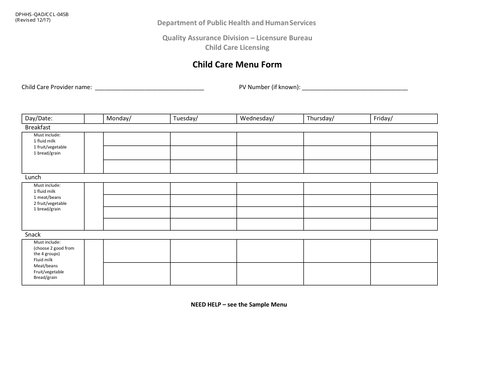 Form DPHHS-QAD / CCL-045B Child Care Menu Form - Montana, Page 1