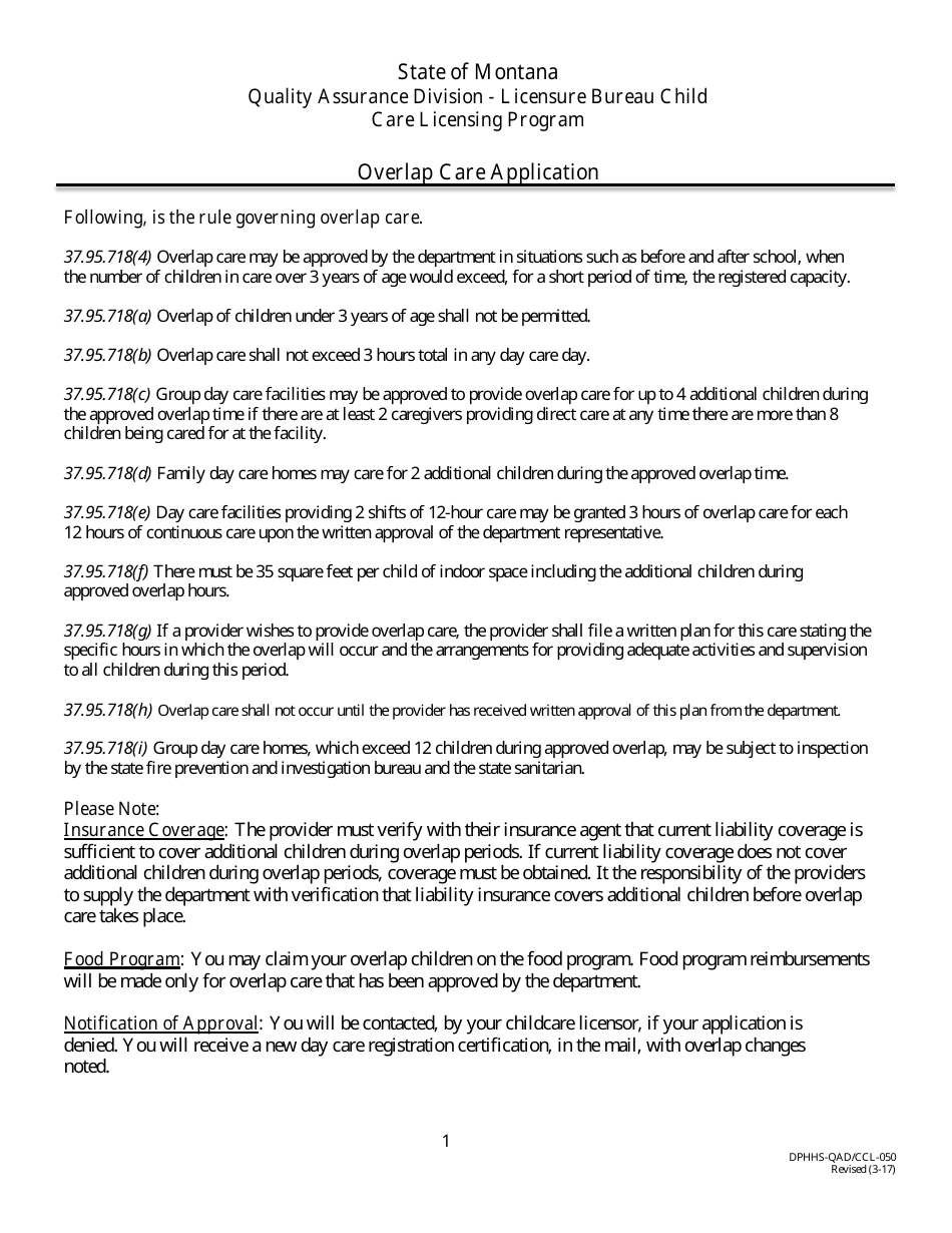 Form DPHHS-QAD / CCL-050 Overlap Care Application - Care Licensing Program - Montana, Page 1
