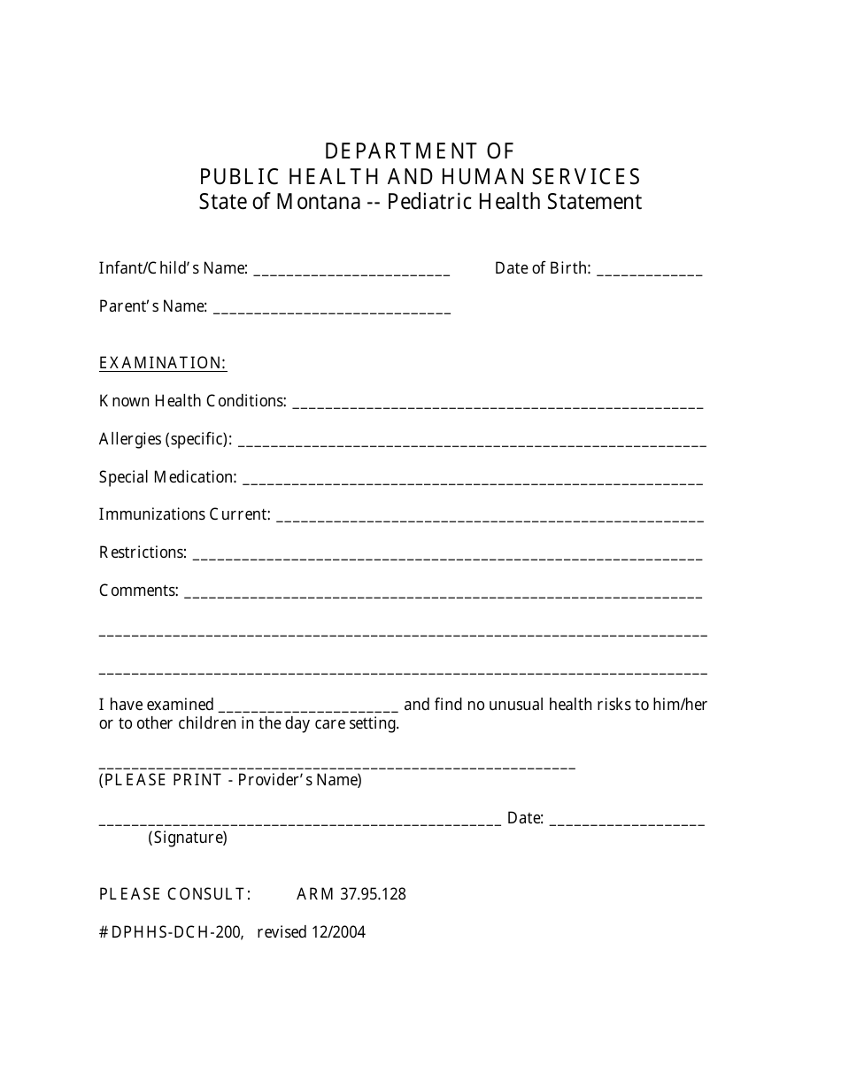 Form DPHHS-DCH-200 Pediatric Health Statement - Montana, Page 1