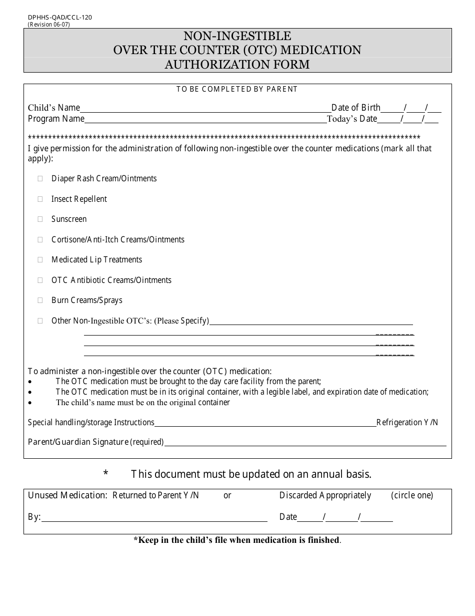 Form DPHHS-QAD / CCL-120 Non-ingestible Over the Counter (OTC) Medication Authorization Form - Montana, Page 1