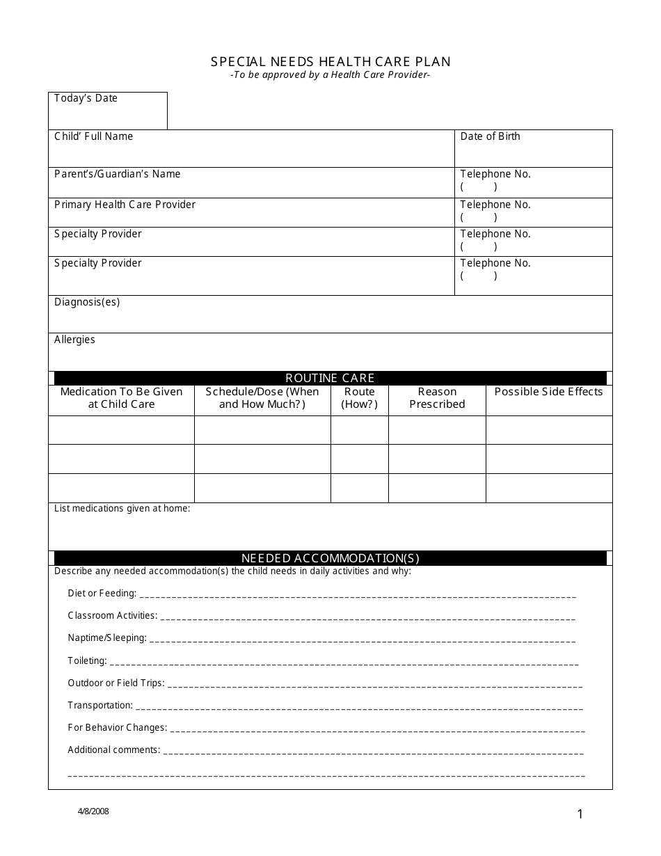Special Needs Health Care Plan Form - Montana, Page 1