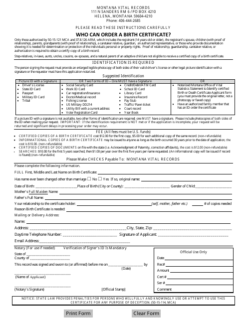 &quot;Birth Certificate Application Form&quot; - Montana Download Pdf
