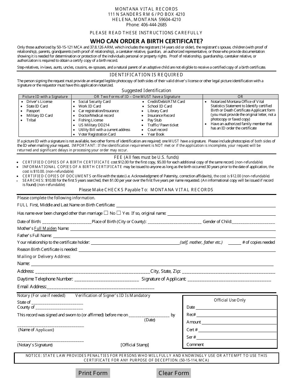 Birth Certificate Application Form - Montana, Page 1