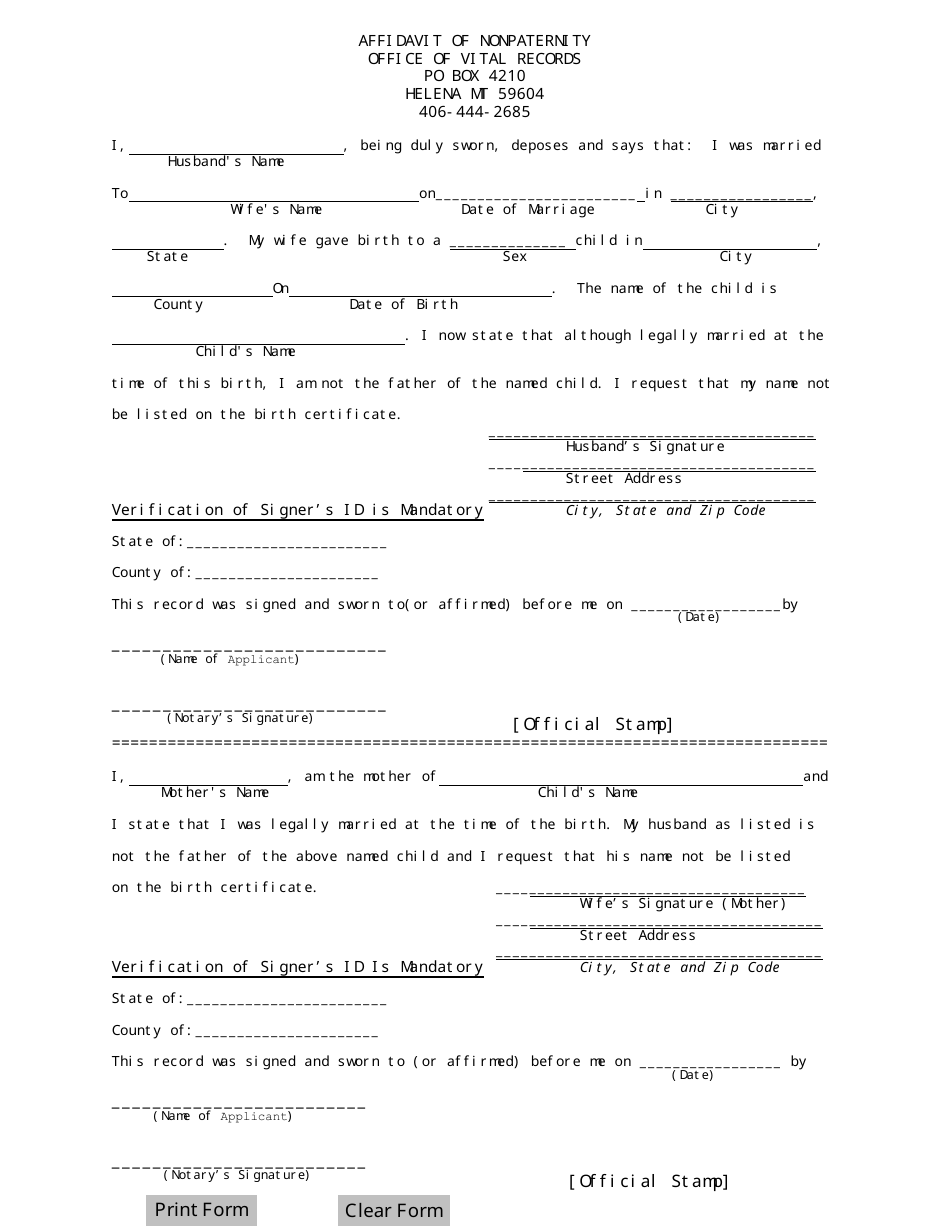 Affidavit of Nonpaternity - Montana, Page 1