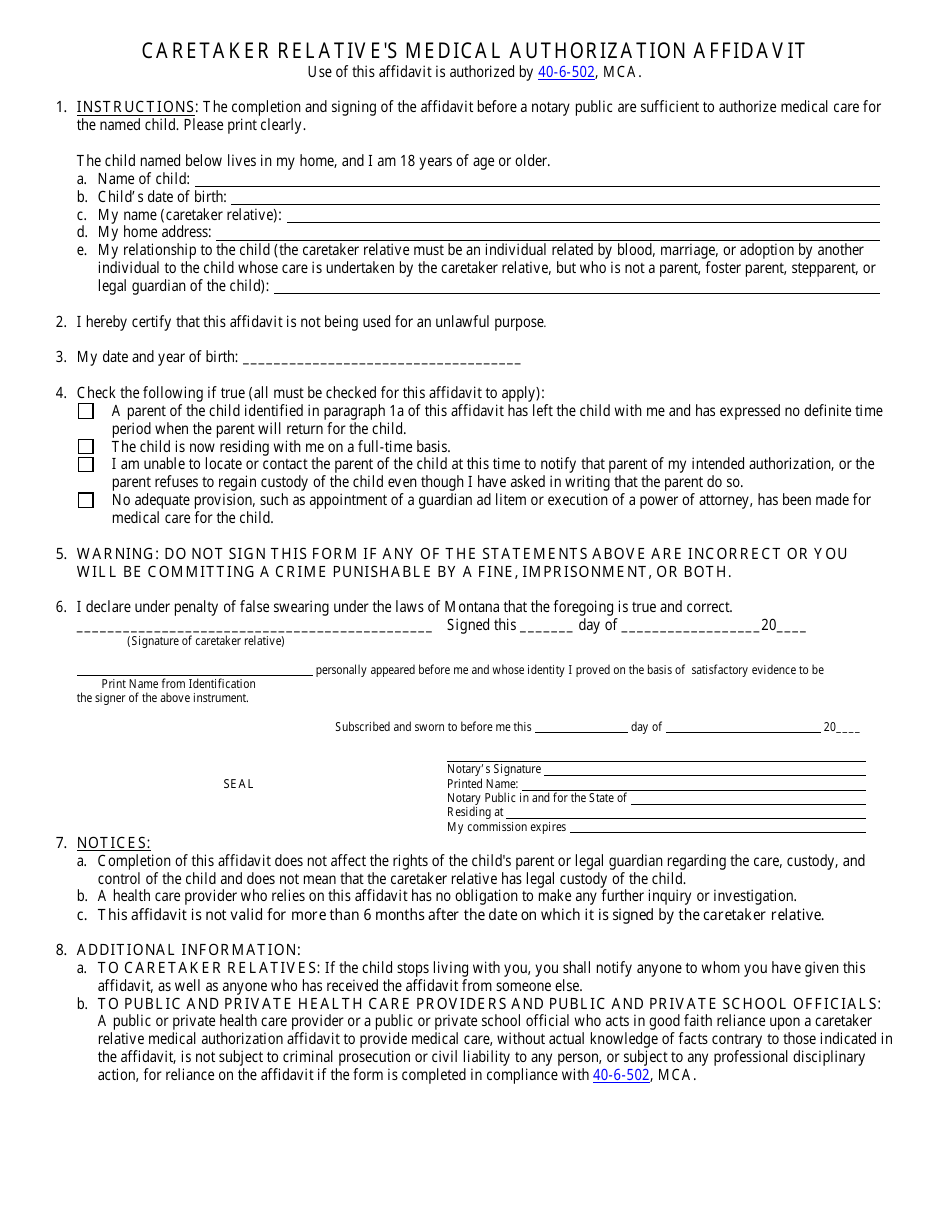 Caretaker Relatives Medical Authorization Affidavit - Montana, Page 1