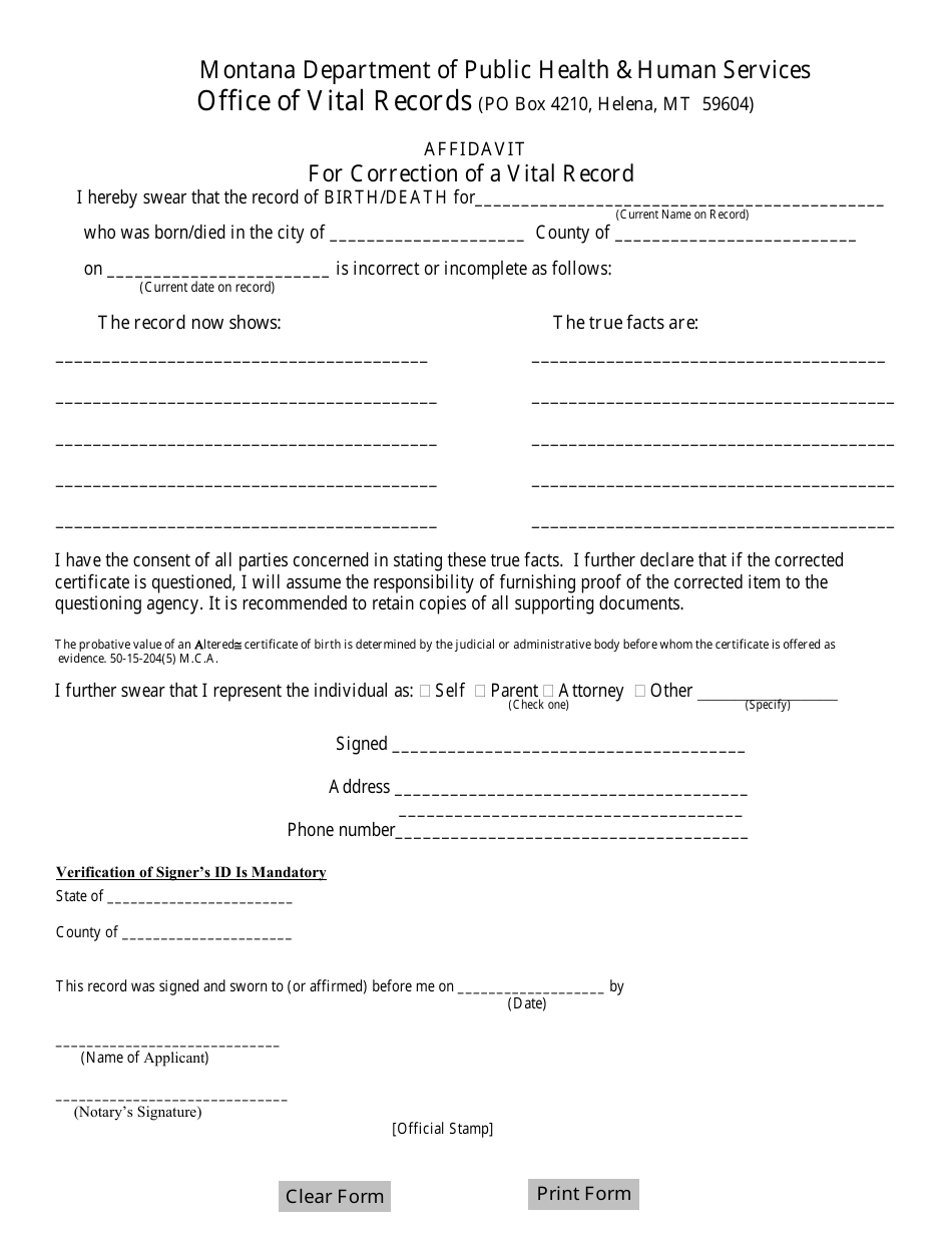 Montana Affidavit for Correction of a Vital Record - Fill Out, Sign ...