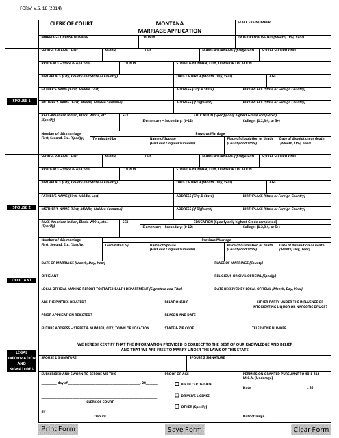 Form V.S.18 Marriage Application - Montana