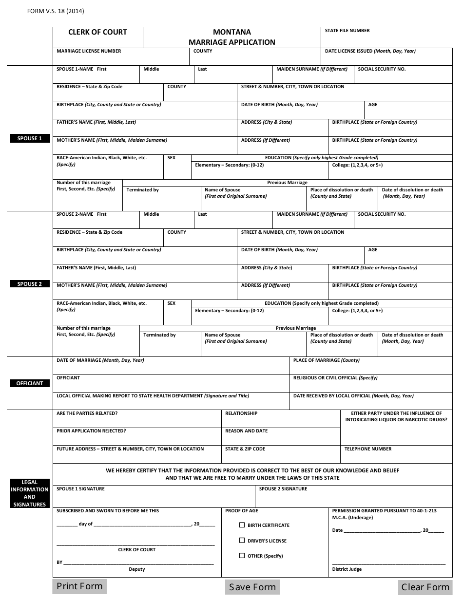 Form V.S.18 Marriage Application - Montana, Page 1