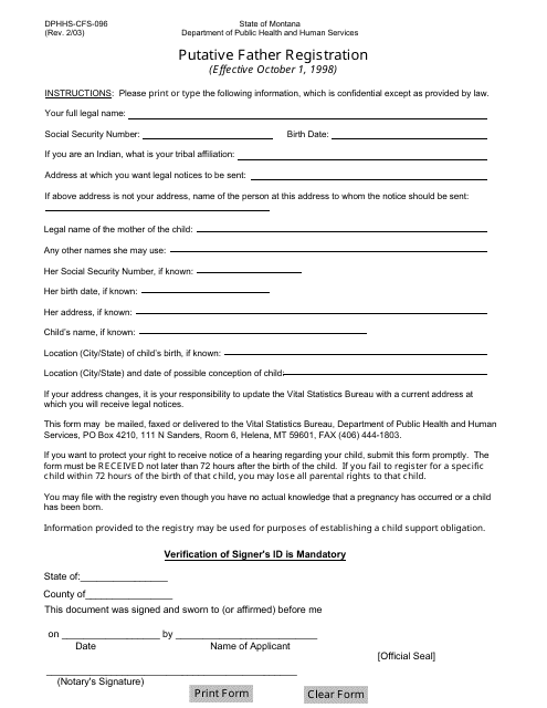Form DPHHS-CFS-096 Putative Father Registration - Montana