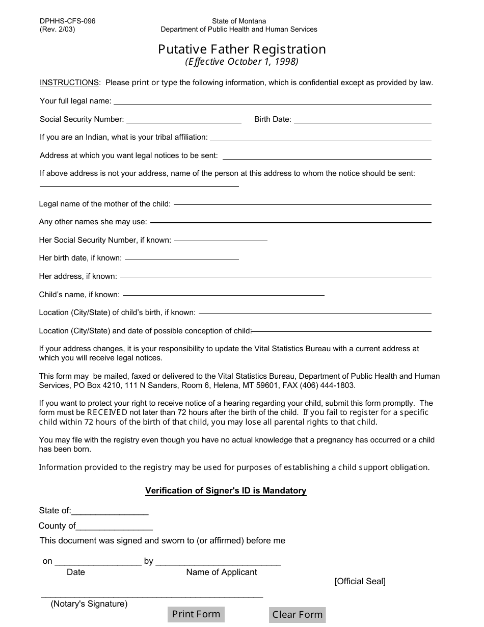 Form DPHHS-CFS-096 Putative Father Registration - Montana, Page 1